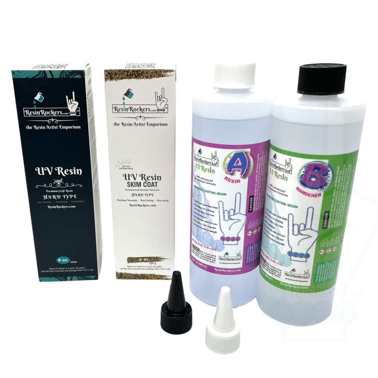 Resin Rockers Resin Trifecta of 1:1 Epoxy + UV Original + UV Skim Coat Resin Kits + Bonus Caps